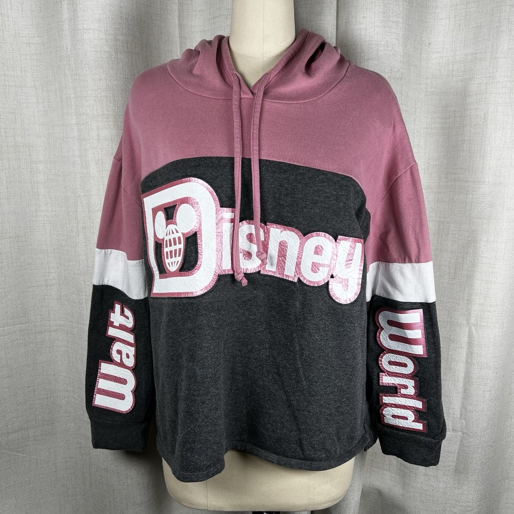 Disney Parks World Cropped Hoodie Sweatshirt Women Plus 2X Color Block Pink Grey
